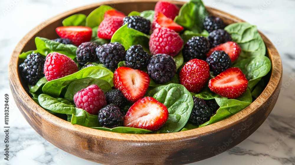 Fresh spinach and berry salad featuring vibrant strawberries, raspberries, blackberries, and bed of leafy greens, perfect for healthy meal Fresh spinach and berry salad featuring vibrant strawberries, raspberries, blackberries, and bed of leafy greens, perfect for healthy meal