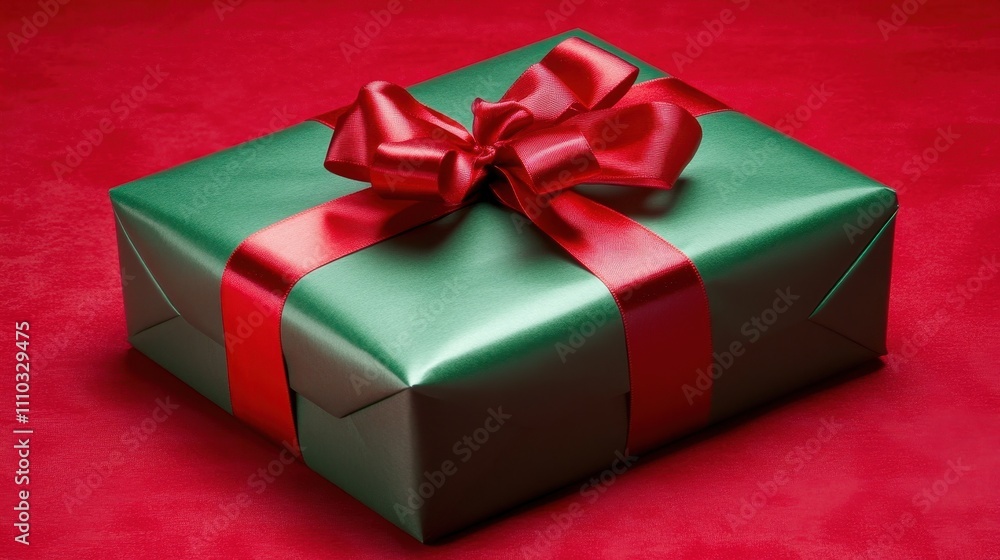 Fototapeta premium A Beautifully Wrapped Green Gift Box with a Red Ribbon Bow on Red Background Festive Holiday Present