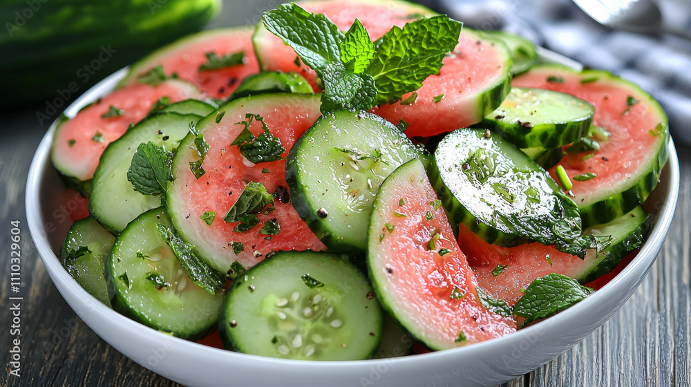 Fresh cucumber and watermelon salad with mint, garnished with herbs, offers refreshing taste. Perfect for summer gatherings or healthy meals Fresh cucumber and watermelon salad with mint, garnished with herbs, offers refreshing taste. Perfect for summer gatherings or healthy meals