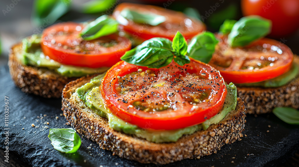 Delicious avocado toast topped with fresh tomato slices and basil, served on whole grain bread. healthy and vibrant dish perfect for breakfast or snack Delicious avocado toast topped with fresh tomato slices and basil, served on whole grain bread. healthy and vibrant dish perfect for breakfast or snack