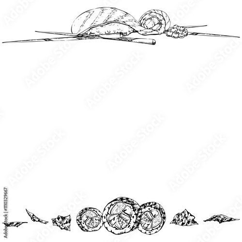 Japanese food nigiri sushi, alaska unagi roll, raw fish salmon tuna seabass, caviar topping, nori flakes chopsticks, vector pen ink hand drawn. Line frame restaurant, cafe menu, kitchen, recipe book