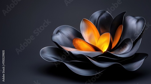 A sculptural metal flower opening up to reveal glowing light inside