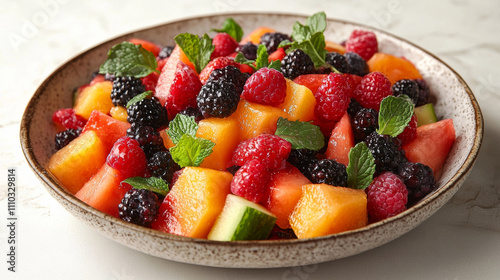 Fresh fruit salad with melons, berries, and mint, offering vibrant and refreshing taste. Perfect for summer gatherings or healthy snacks