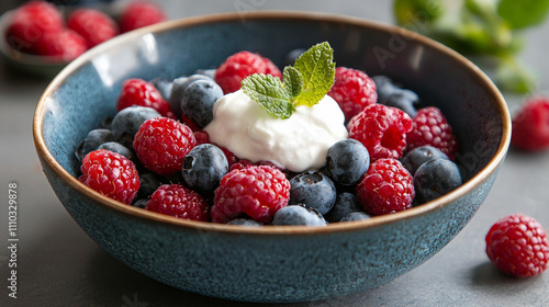 bowl of fresh berries, including raspberries and blueberries, topped with dollop of coconut yogurt and garnished with mint leaves, evokes refreshing and healthy treat