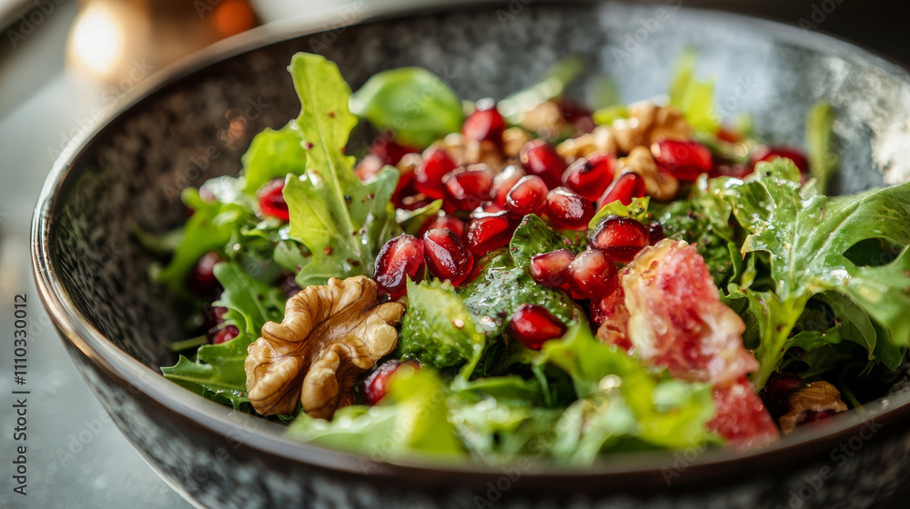 Fresh mixed greens salad with pomegranate seeds and walnuts, vibrant and healthy. perfect dish for nutritious meal or refreshing side Fresh mixed greens salad with pomegranate seeds and walnuts, vibrant and healthy. perfect dish for nutritious meal or refreshing side