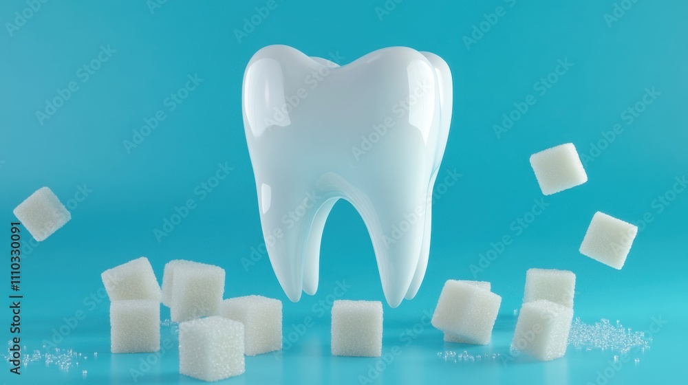 Tooth Surrounded by Sugar Cubes on a Bright Blue Background Tooth Surrounded by Sugar Cubes on a Bright Blue Background