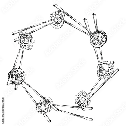 Japanese food sushi rolls on chopsticks with raw fish salmon unagi tuna shrimp, california philadelphia alaska, hand drawn in vector pen and ink. Wreath frame for restaurant, cafe menu, recipe book