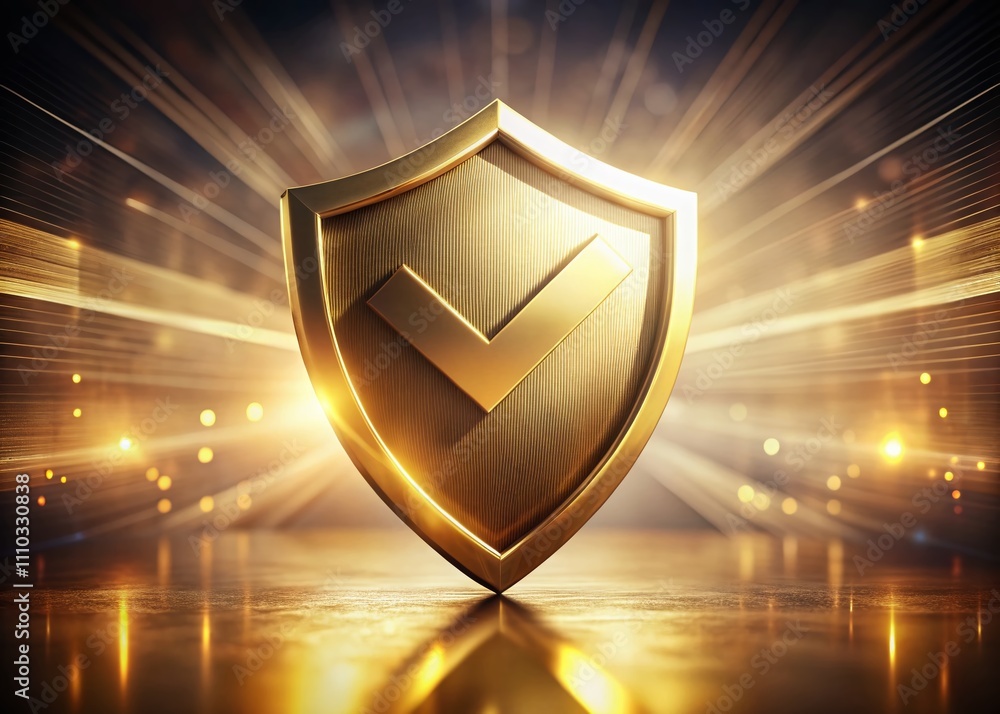 Fototapeta premium Golden Shield with White Check Mark - 3D Banner for Assurance and Trust with Copy Space, Ideal for Promotional Materials and Business Presentations