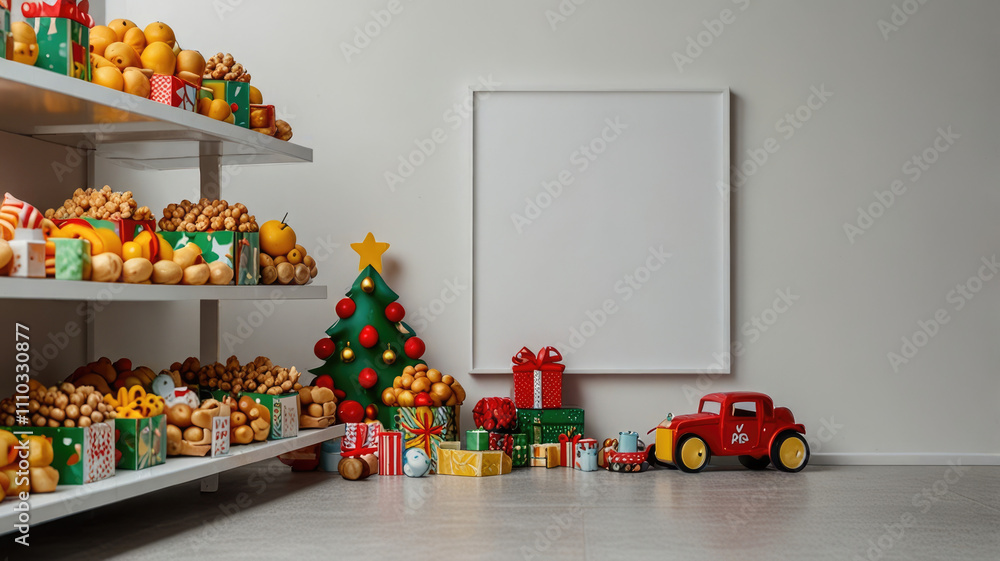 Fototapeta premium Festive Christmas background with blank white mockup of promotional banner with gifts for promotions, sales, Christmas donations, invitations, or any holiday clearance sale