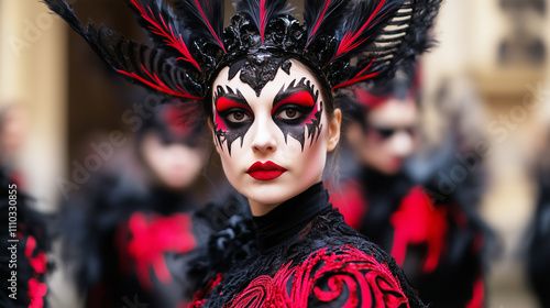 Woman wearing elaborate red and black costume and face paint during street carnival parade