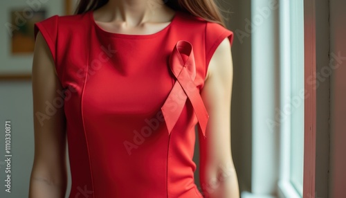 Woman Wearing a Red Ribbon on Her Dress in a Fashionable Yet Meaningful Way to Raise HIV and AIDS Awareness with Emotional Depth. photo