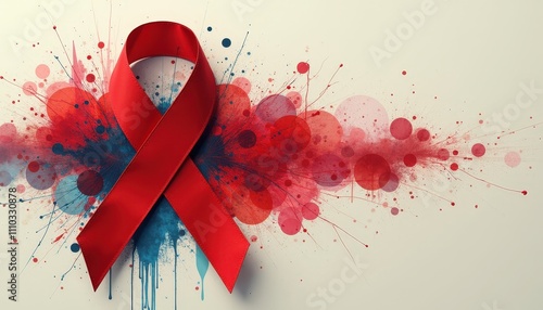 An Abstract Artistic Representation of a Red Ribbon for HIV and AIDS Awareness Blended with Colorful Elements in a Modern Creative Collage. photo