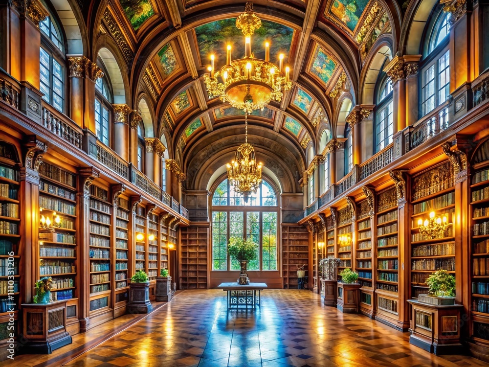 Obraz premium Grand Library Interior with Tall Bookshelves, Elegant Lighting, and Majestic Windows for Intellectual Pursuits and Study Environments, Perfect for Book Lovers and Scholars