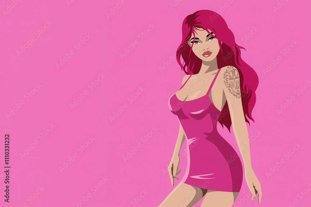 Sexy cartoon woman with pink hair and tattoo wearing a pink slip dress Sexy cartoon woman with pink hair and tattoo wearing a pink slip dress