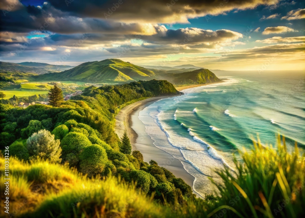 Obraz premium Bokeh Effect Coastal Landscape of Gisborne, New Zealand: Impact of Global Warming and Rising Sea Levels on Nature's Beauty and Ecology