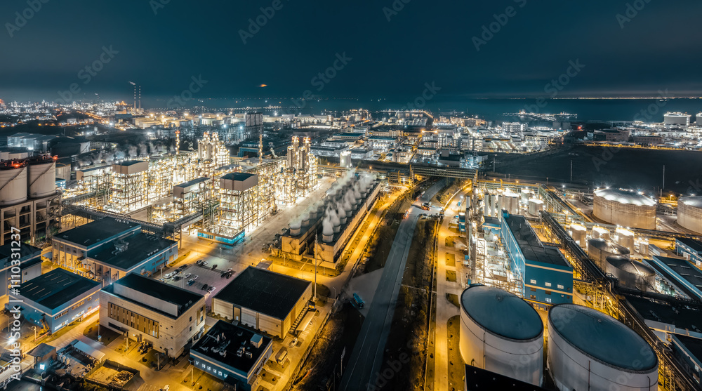 Fototapeta premium Petrochemical plant industrial buildings in large industrial area by the sea in China