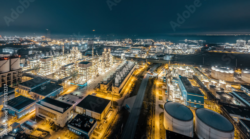 Petrochemical plant industrial buildings in large industrial area by the sea in China