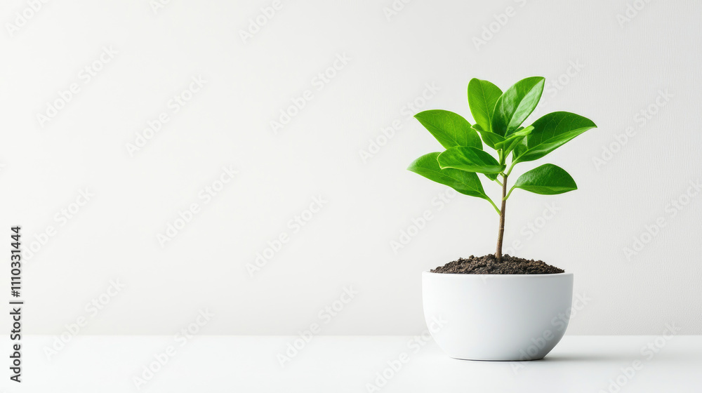 A small, healthy green plant in a white pot on a minimalistic background. A small, healthy green plant in a white pot on a minimalistic background.