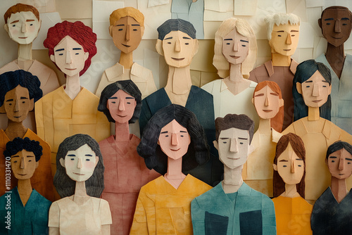 Inclusive group of people illustration.  Paper craft style art, layered paper textures. Multi-ethnic community, big cultural diversity group background in modern collage
