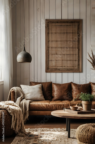 Rustic-Modern Living Room with Wooden Mock-Up Poster Leather Couch Reclaimed Wood Coffee Table and Natural Light