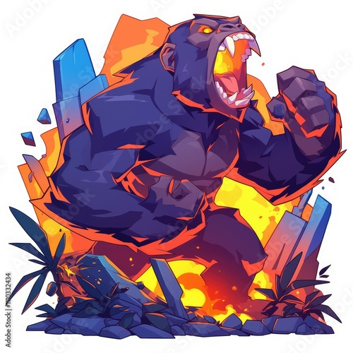 Furious gorilla roaring amidst fiery ruins. photo