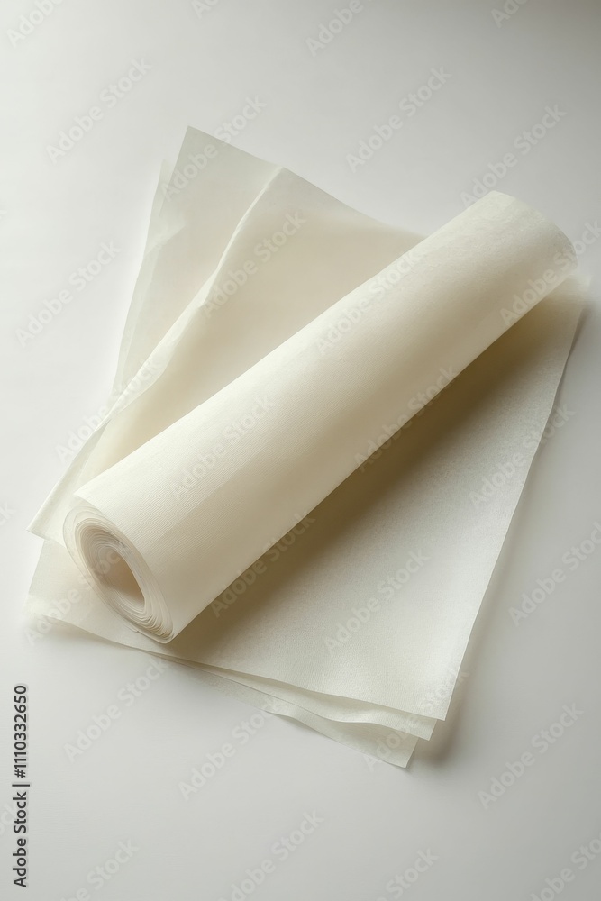 Rolled parchment paper, flat sheets, white background. Rolled parchment paper, flat sheets, white background.