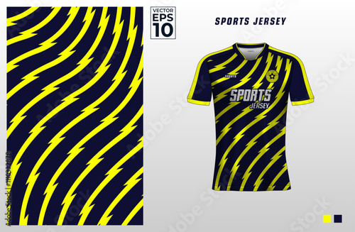 T-shirt sport jersey design template with abstract lightning thunderbolt pattern background. Sport uniform in front view. Shirt mock up for sport club. Vector Illustration