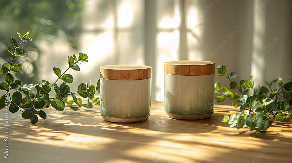 Two elegant candles with wooden lids sit on a table, surrounded by lush greenery and soft sunlight filtering through the windows. Two elegant candles with wooden lids sit on a table, surrounded by lush greenery and soft sunlight filtering through the windows.