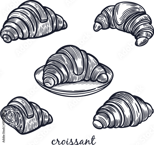 Croissant bakery engraved vintage vector illustration.