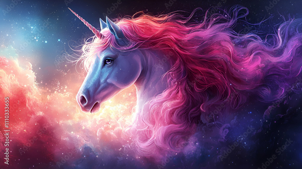 A majestic unicorn with flowing pink hair emerges from a vibrant cosmic background filled with stars and colorful nebulae. A majestic unicorn with flowing pink hair emerges from a vibrant cosmic background filled with stars and colorful nebulae.