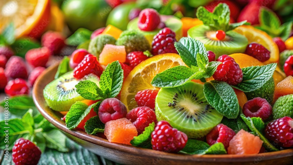 Festive Macro Photography of Christmas Fruit Salad with Kiwi, Tangerine, Raspberries, and Fresh Mint for Holiday Recipe Inspiration Festive Macro Photography of Christmas Fruit Salad with Kiwi, Tangerine, Raspberries, and Fresh Mint for Holiday Recipe Inspiration