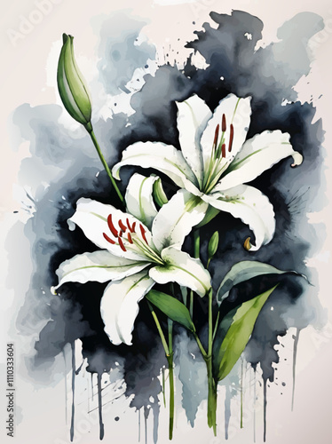 white lilies watercolor vector illustration