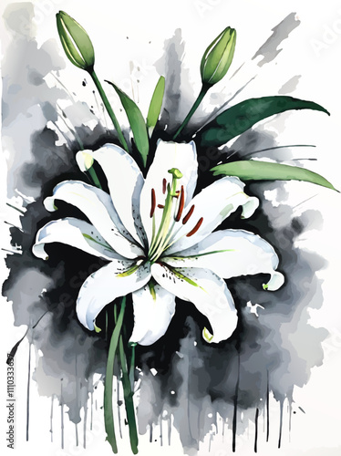 white lily flower watercolor vector painting