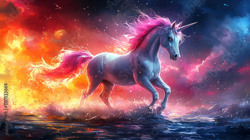A majestic unicorn with a flowing pink mane trots through a vibrant, fiery landscape, blending elements of fantasy and magic in a stunning visual.