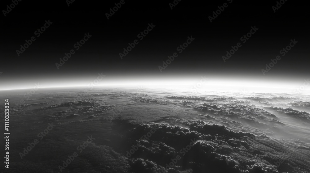 Dramatic Black and White View of Earth from Space Horizon Line Dramatic Black and White View of Earth from Space Horizon Line