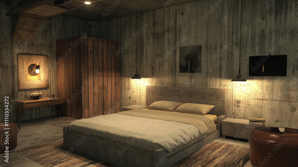 The interior of a modern loft bedroom showcases a The open-plan layout is complement The interior of a modern loft bedroom showcases a The open-plan layout is complement