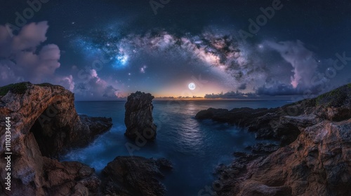 Night Sky Over Ocean Rock Formation Under Milky Way and Moonlight