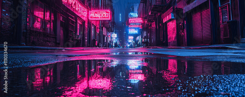 vibrant New York alleyway at night, illuminated by neon signs reflecting in puddles. scene captures moody urban atmosphere with colorful lights