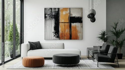 single bold focal point, such as a large abstract painting or a unique piece of furniture, anchoring the design. The space balances contrasting styles with clean lines, neutral tones photo