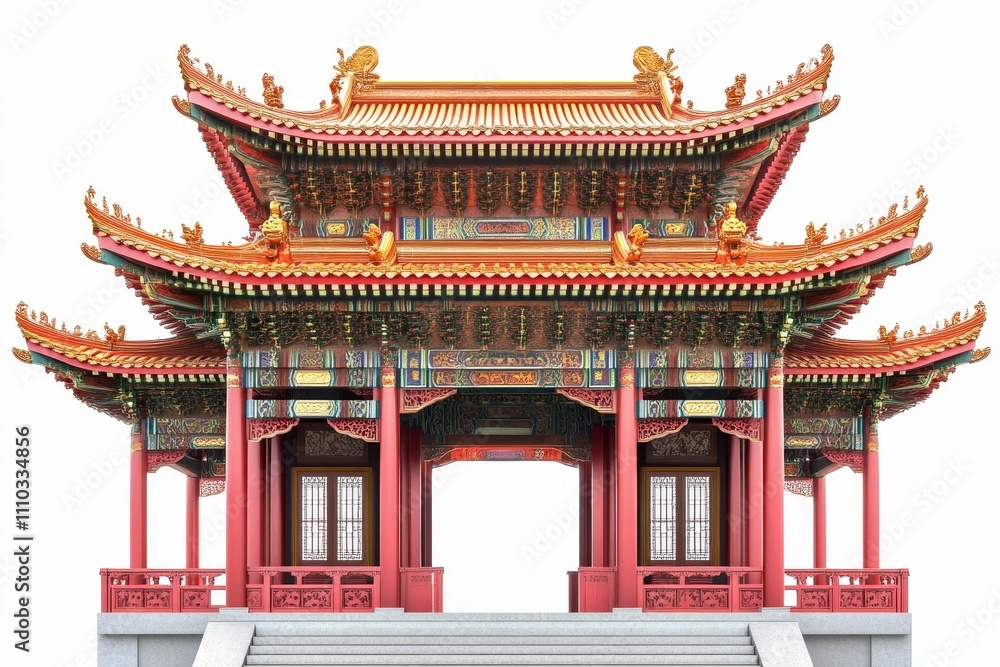 Fototapeta premium Ornate red pavilion, tiered roof, detailed carvings.