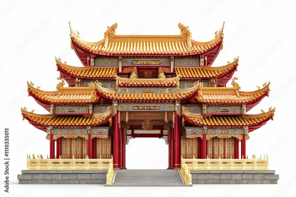 Ornate golden red Asian gate, tiered roof. Ornate golden red Asian gate, tiered roof.