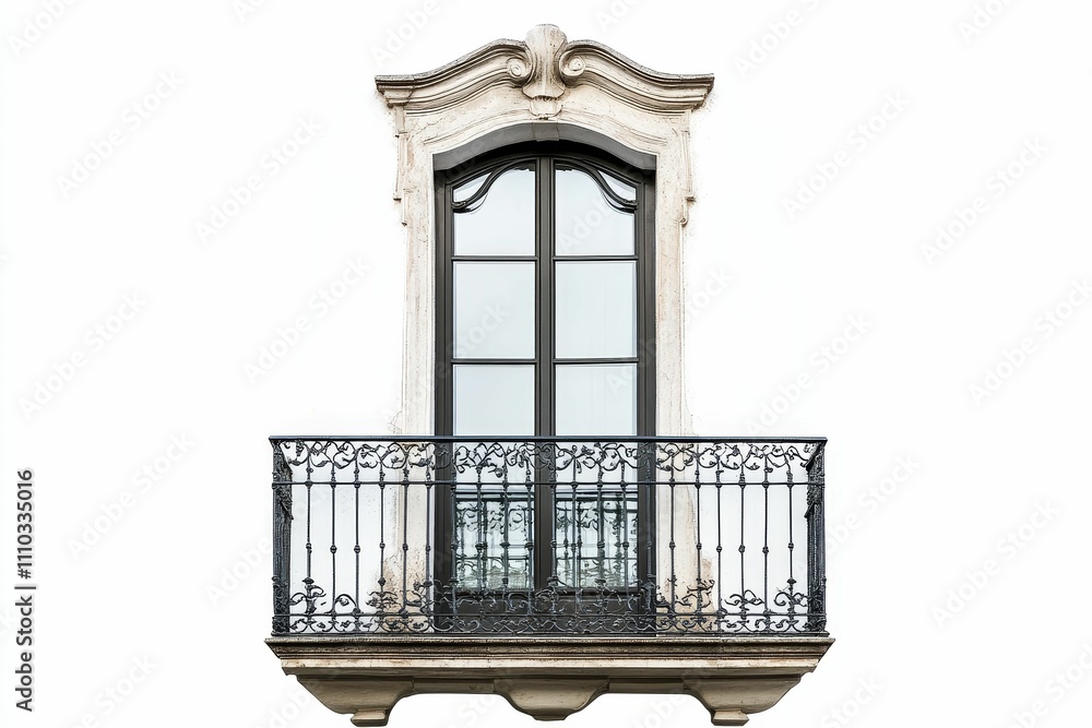 Obraz premium Ornate balcony, window, iron railing, stone frame.