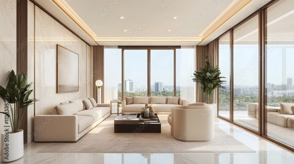 Fototapeta premium A living room styled with soft beige furniture, embodying elegance and comfort, set within a luxury interior of a modern apartment. The design follows a minimalist aesthetic, with a focus on clean 