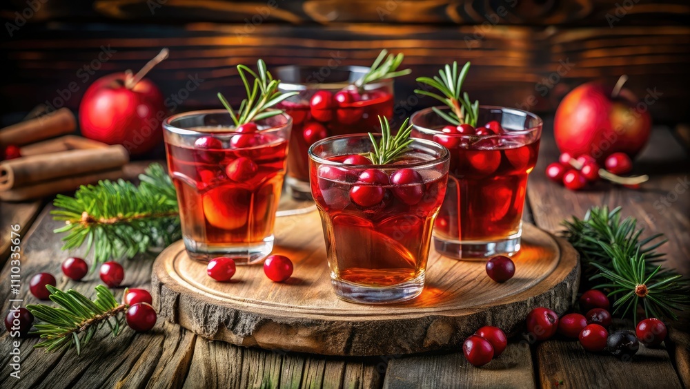 Rustic Low Light Photography of Three Glasses of Red Cranberry and Apple Cider with Rosemary Garnish on Wooden Surface Rustic Low Light Photography of Three Glasses of Red Cranberry and Apple Cider with Rosemary Garnish on Wooden Surface