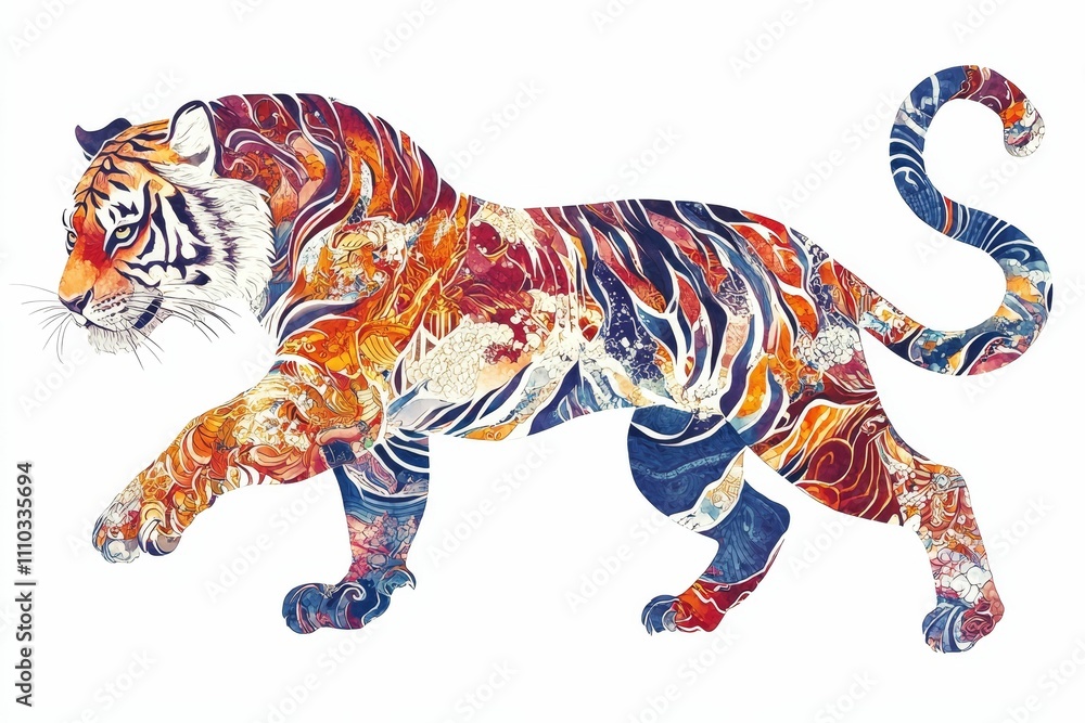 Ornate tiger silhouette, vibrant, abstract pattern. Ornate tiger silhouette, vibrant, abstract pattern.