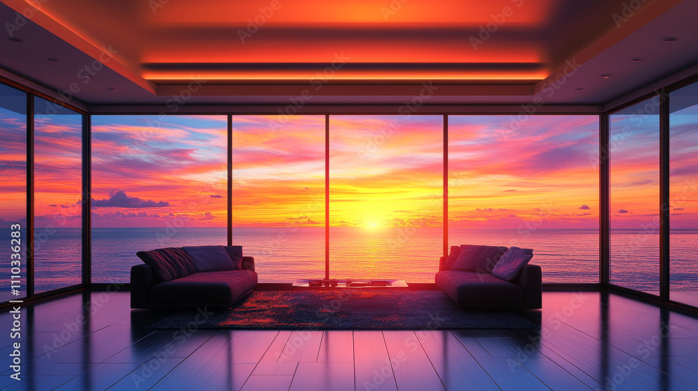 Fototapeta premium A modern living room bathed in the warm, golden hues of a sunset over the ocean, captured in a detailed 3D rendering. The room features floor-to-ceiling windows that span the length of the walls