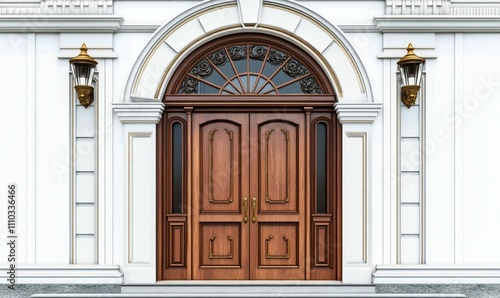 Ornate wooden door, arched window, white facade.