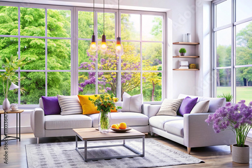 Here's a description and keywords for your stock photo.. Sunlit modern living room with large windows, white sectional sofa, colorful pillows, and spring flowers.