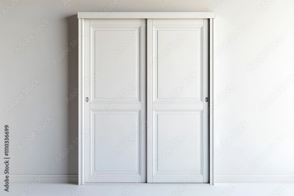 White sliding closet doors, paneled, minimalist. White sliding closet doors, paneled, minimalist.