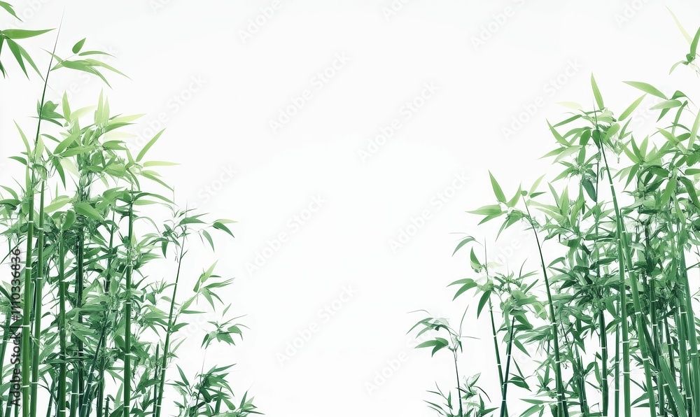 Naklejka premium Green bamboo stalks and leaves frame white space.